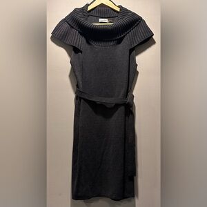 Calvin Klein Short Sleeve Charcoal Gray CowlNeck Midi Cable Knit Sweater Dress